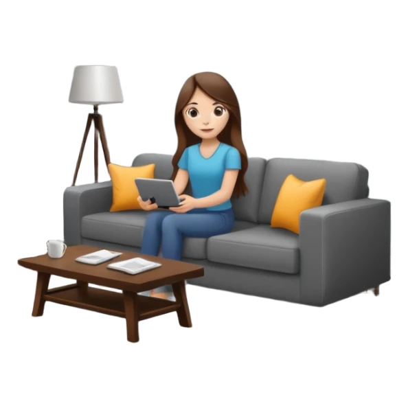 beautiful girl with long brown hair constructing new lounge room area with flat screen tv and couch sticker
