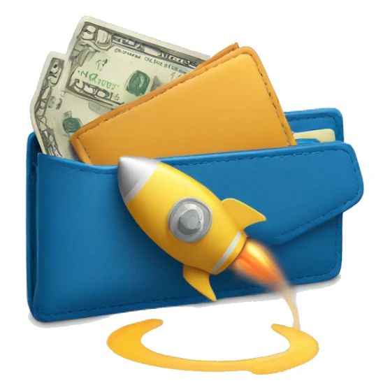 in the emoji style of a blue colored wallet linked to a rocket sticker