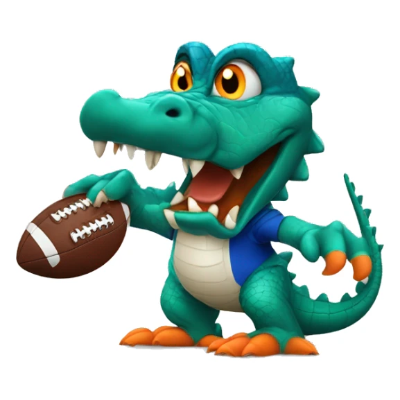 angry alligator with a football, wearing blue and orang sticker