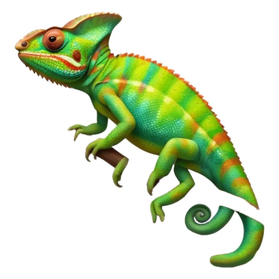 Giant Chameleon blending into natural surroundings, perched on a branch. Its vibrant colors shift with the environment. Lush greenery, branches, and soft sunlight create a peaceful, nature-filled background. Transparent background, showcasing the chameleon's colorful, textured skin. sticker