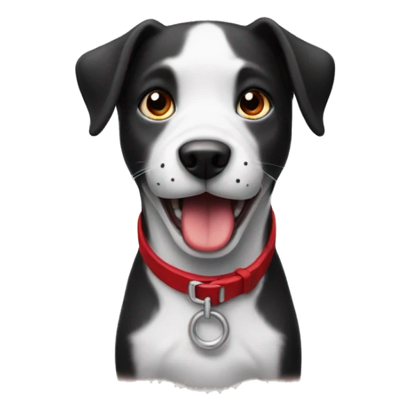 black and white dog with red collar holding a tiny yell sticker