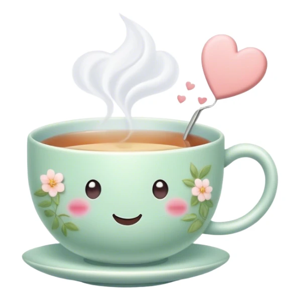 Cute Kawaii Tea Cup, steaming with warmth, a charming smiling face, soft pastel tones, delicate floral patterns, a tiny heart-shaped tea bag tag, cozy and inviting! sticker