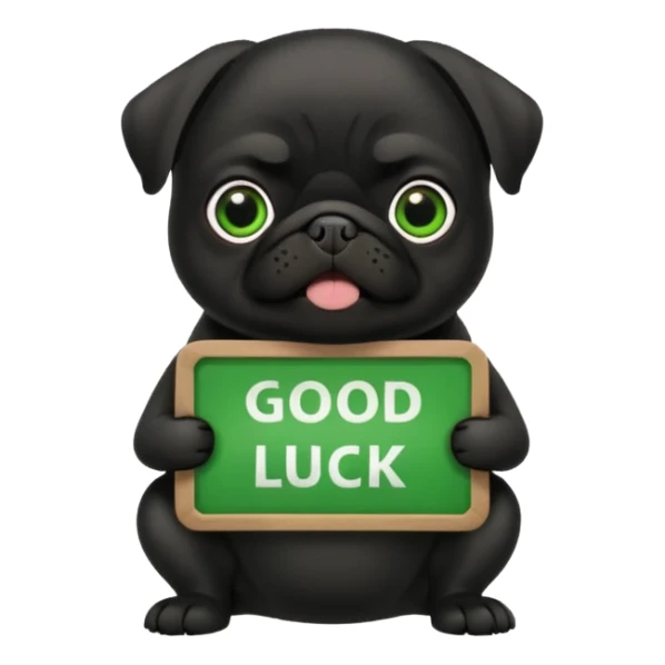 black pug holding a green sign with 'good luck' text sticker