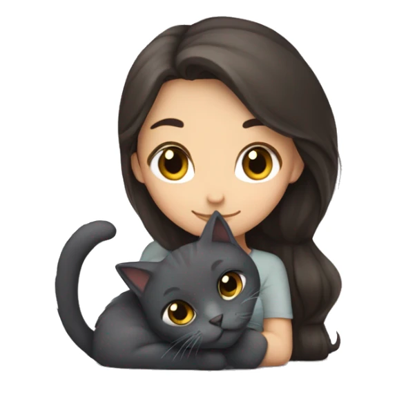 Brunette girl snuggling fluffy dark grey cat sticker