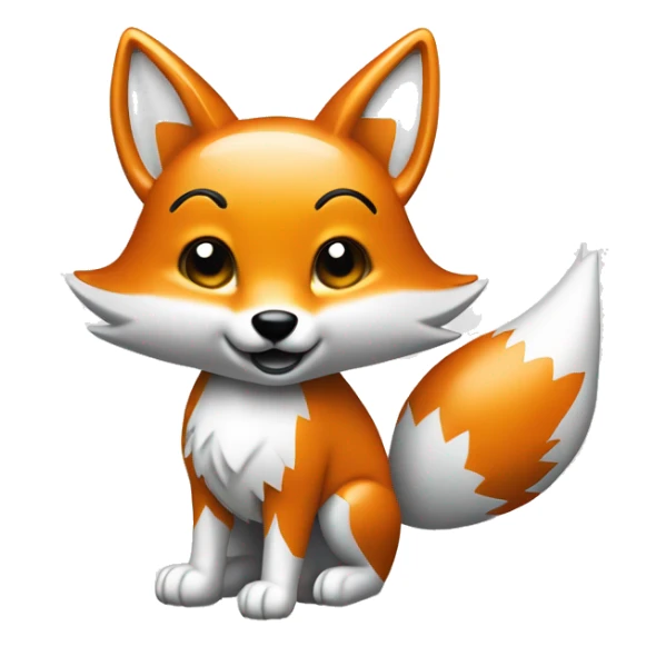 Fully chromed fox statue in iOS emoji style, smooth, rounded edges, reflective surface with soft light reflections, minimalist features like the tail and raised paw. Plain white background to emphasize the chrome texture. sticker