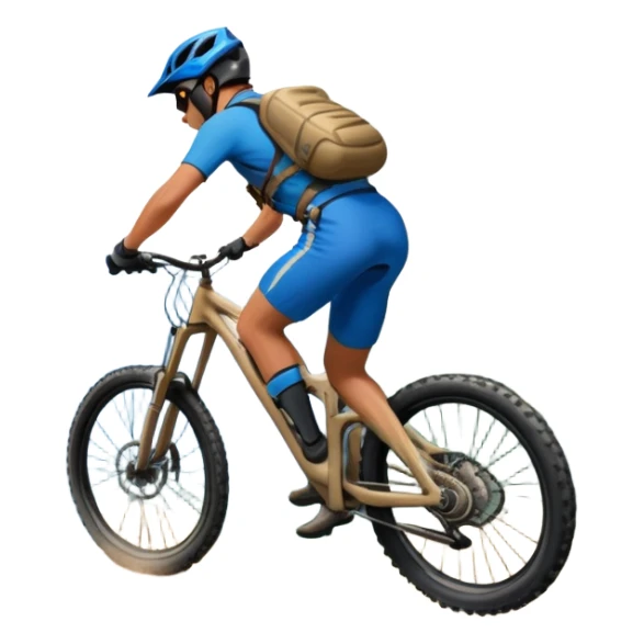 A thrilling downhill mountain biking scene! A rider in full gear speeds down a steep rocky trail, kicking up dust. The rugged mountain landscape surrounds them, with towering peaks, evergreen trees, and a bright blue sky. The rush of adventure is in the air. Transparent background. sticker