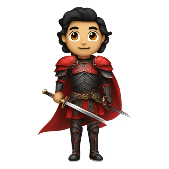 Vintage Tanned man with black hair and stern face with a pointed chin triangular jawline wearing red and black armour holding sword vintage intricate patterns sticker