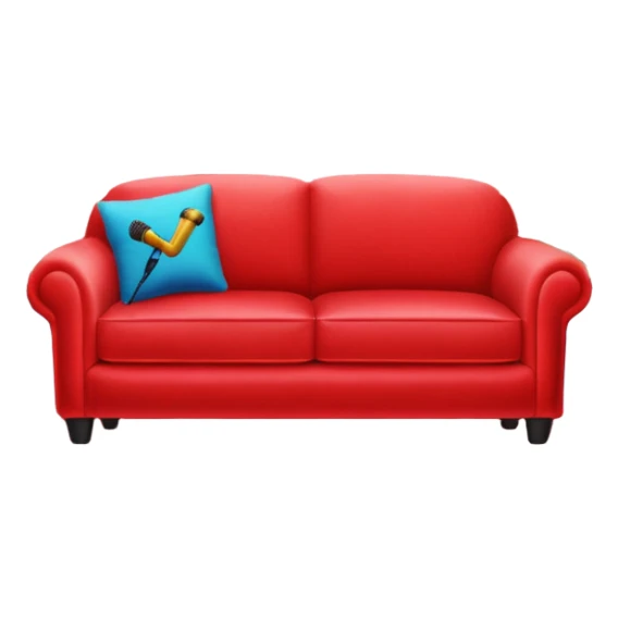 red velvet couch, mic in front, houseplants in back, and a neon sign saying "karaoke" sticker