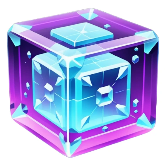Futuristic glowing ice crystal cube, icy neon cyan highlights, purple neon accents, dark background, digital tech style. sticker