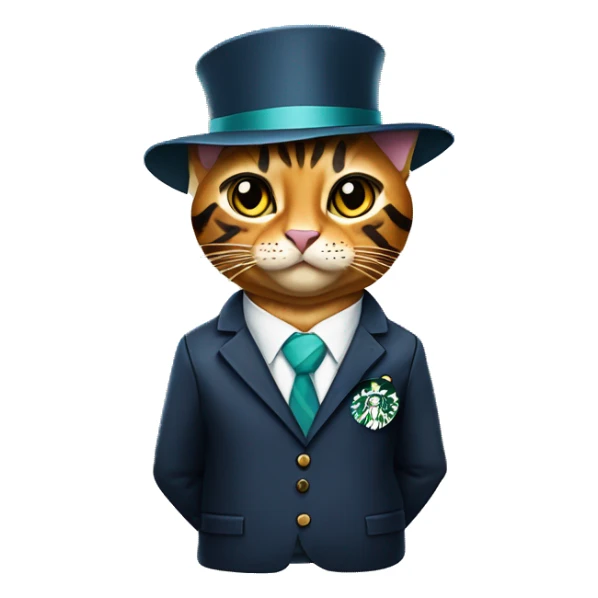 Bengal cat wearing a suit with a BOA Merrill lynch employees badge holding a Starbucks coffee  sticker