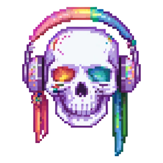 a pixel art skull with pink lipstick and a rainbow headset, for a queer gaming group called Respawn Sluts sticker