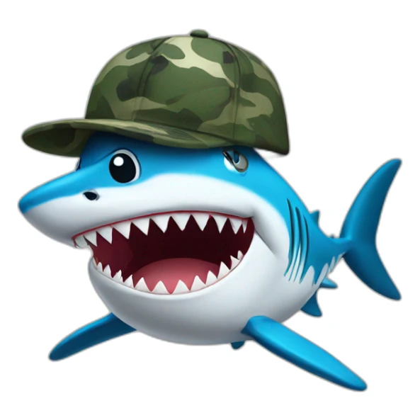 cartoon shark standing with a camouflage cap on its head sticker