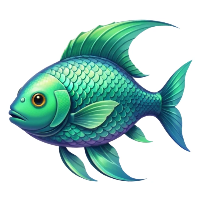 the flat side view of a green divine looking fictional fish with sticker