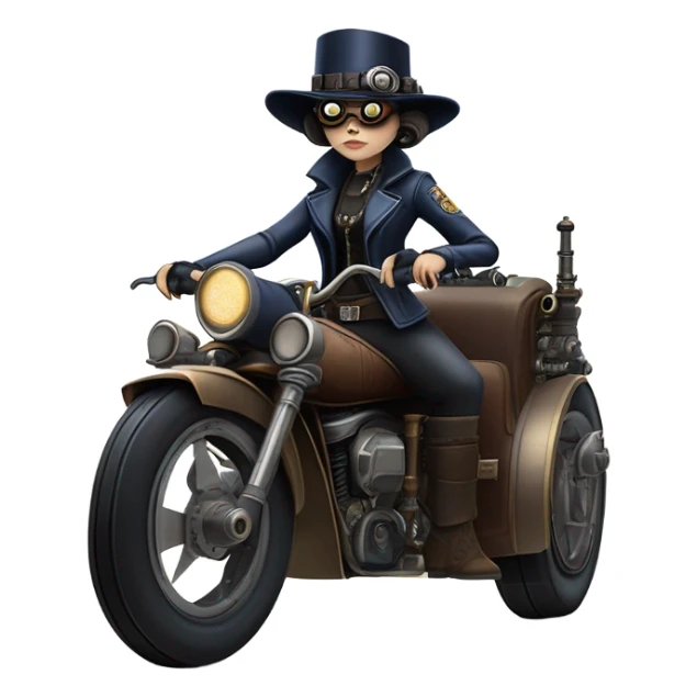 Bounty hunter Wednesday Addams Jedi wearing a pair of navy-blue rimmed steampunk goggles, hat, leather chaps, fringe jacket riding a relaxed sci-fi 3 wheeled steampunk rat rod motorcycle with large fenders and saddlebags in desert town  sticker