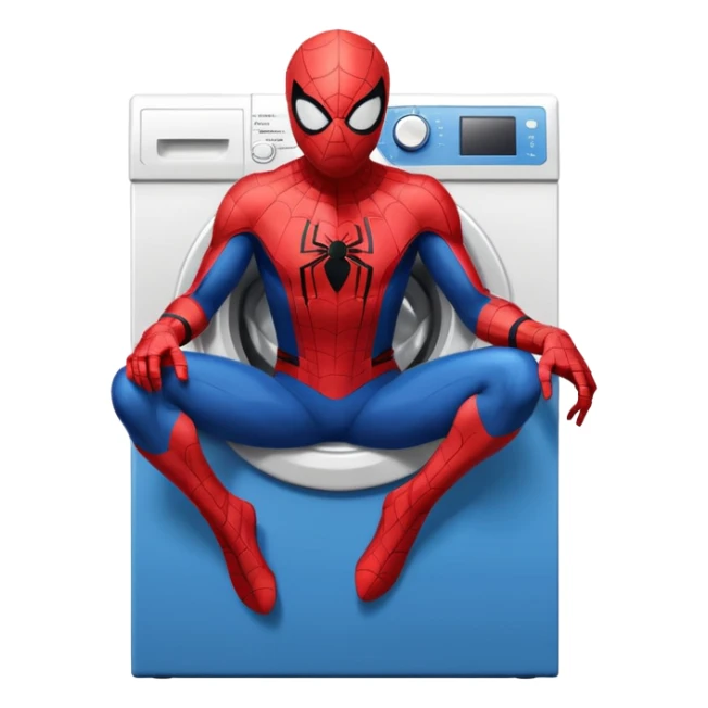 Die-cut sticker of Spider-Man sitting on a washing machine, bold vector art, thick white border, isolated on white background.with 4k resolution sticker