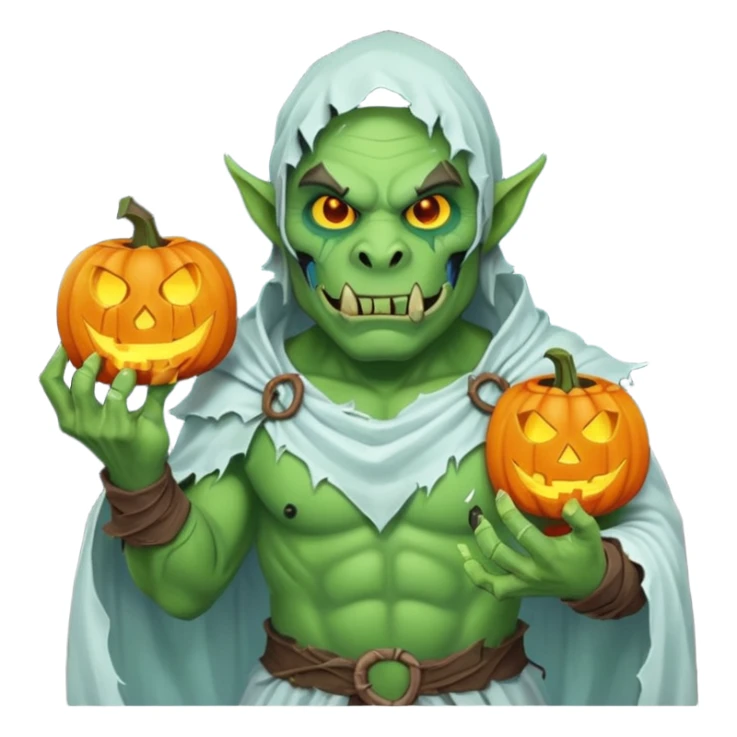 male orc warrior ghost emoji, green skin, tusks, wearing torn white ghost sheet costume, holding glowing jack-o'-lantern, faint blue aura, friendly but spooky expression, Halloween fantasy theme, Apple emoji style, clean white background, square sticker