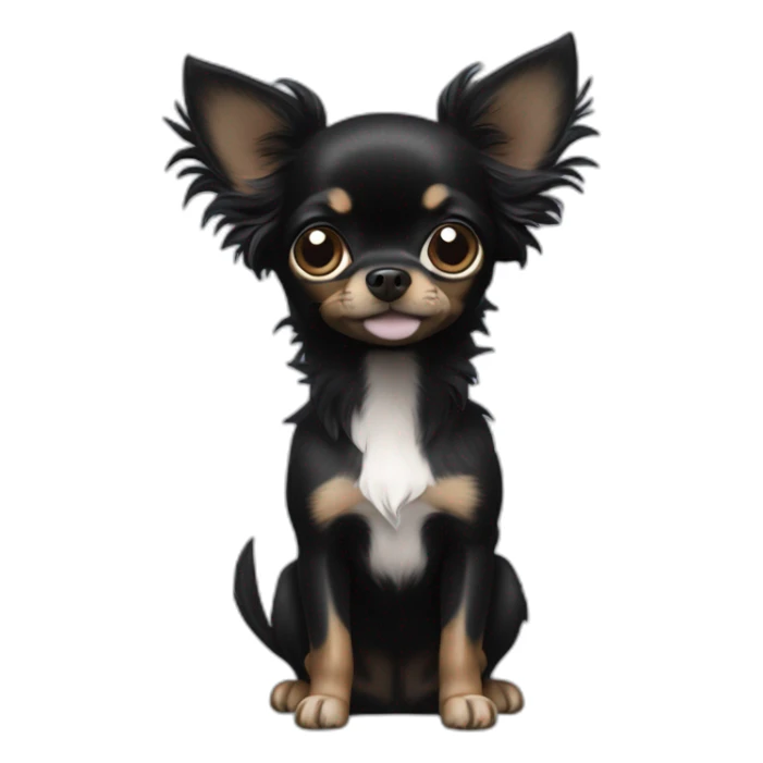 A only black Chihuahua with long earhairs an a fluffy tail and a white chest  sticker