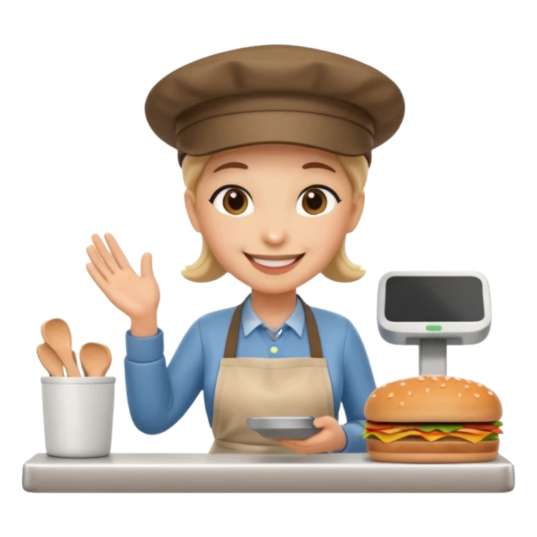 A 3D cartoon deli worker wearing an apron and hat, serving a customer at the counter, friendly smile, Memoji-style. sticker