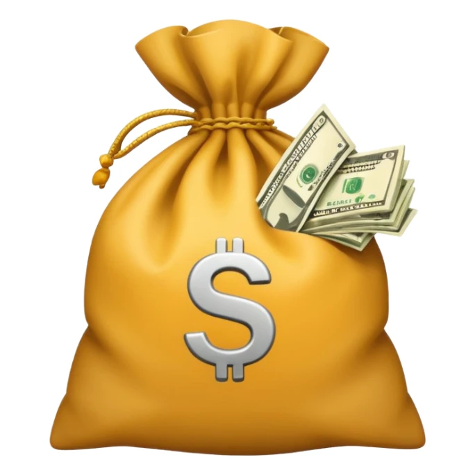 money bag and stack of dollars placed with it sticker