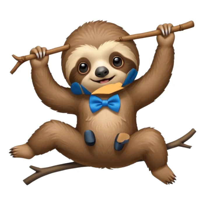 cute swinging Sloth on stick, blue bow tie sticker