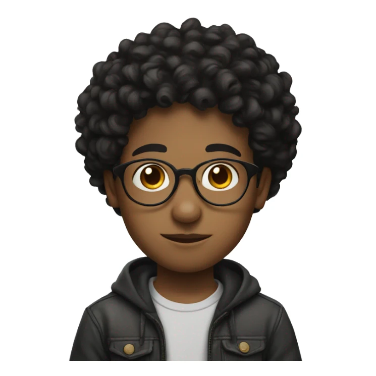 a boy , rounded glasses , short curly black hair , tin nose and mouse and large face sticker