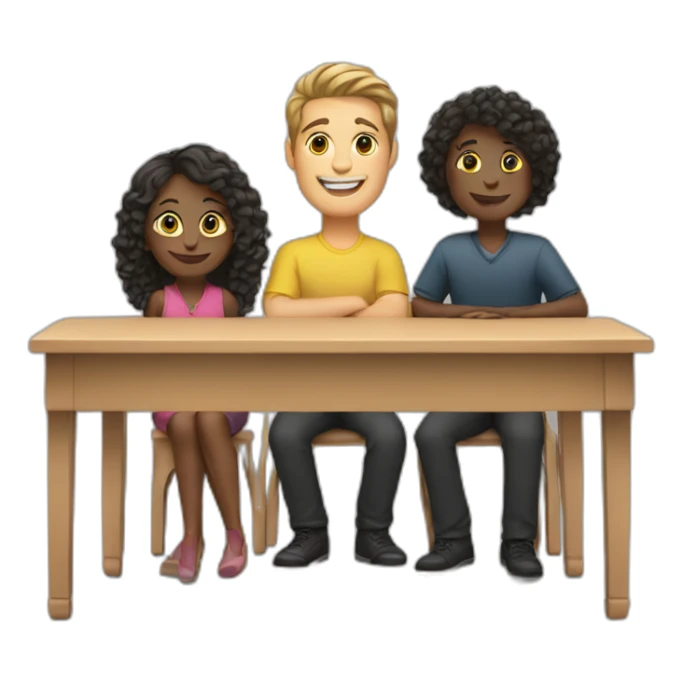 a desk with 3 people sitting behind it, different races and hair styles sticker