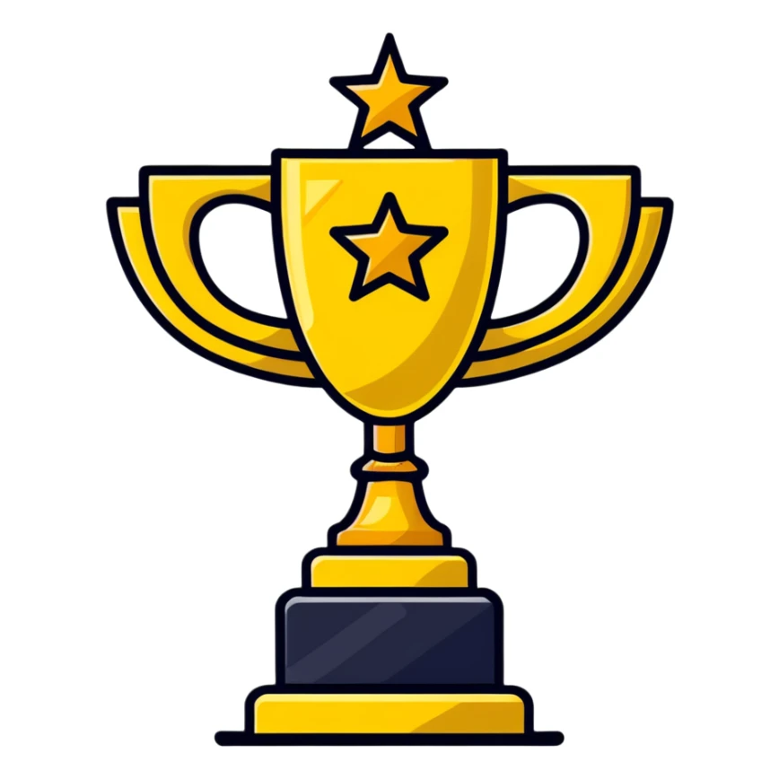 golden trophy with 5 stars, award emblem sticker