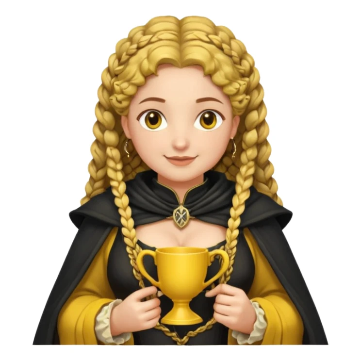 Helga Hufflepuff, 2 curly thick brown braids, yellow-black medieval dress, black cloak decorated with gold braiding, tiny two-handled shiny yellow-gold cup, very kind smile, curvy busty sweet woman, thick rosy cheeks sticker