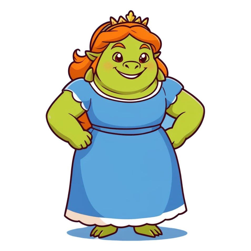 Princess Fiona ogre form, wearing a blue dress, smiling sticker