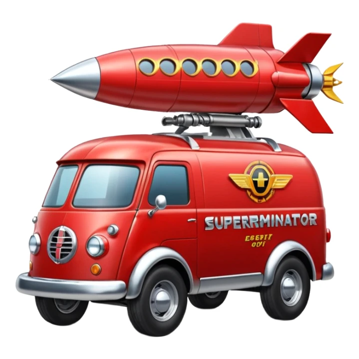 Heroic SuperBug hot rod Ron’s exterminator superminator futurist rocket-powered tall robot Chevy delivery van (motto: bug out rocket Bombing creepy bugs is fun) sticker