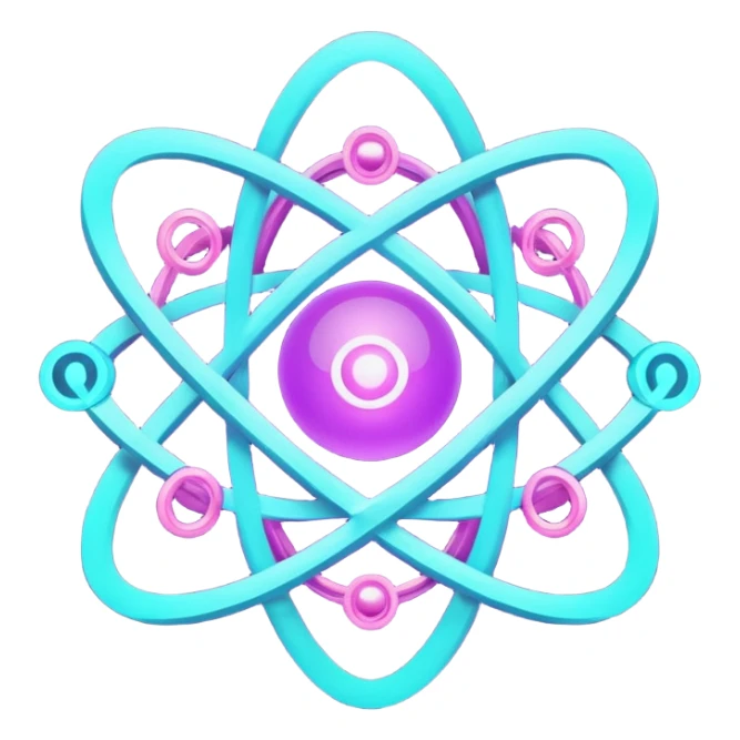 futuristic minimalistic logo icon, glowing atom core with orbiting energy rings, neon purple (#8B5CF6) and cyan (#00E0FF) glow, representing Atom team creativity and innovation, dark background, clean tech design, no face, 1:1 aspect ratio sticker