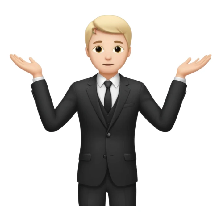 white man in formal suit spreads his arms, face thinking sticker