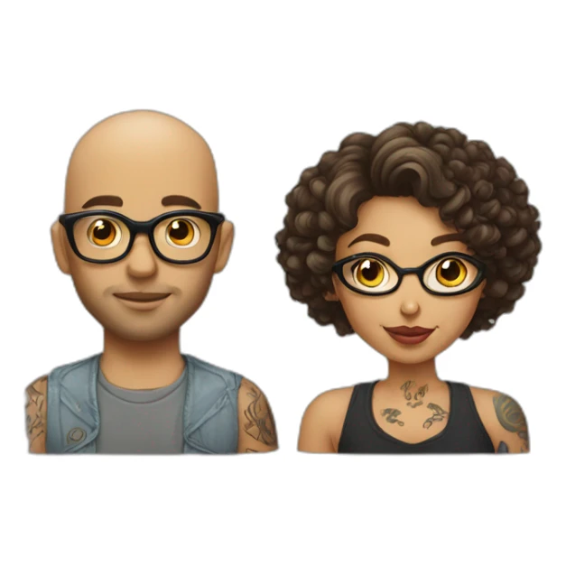 Young Bald man with tattoos. And Young curly-haired lady wearing glasses sticker