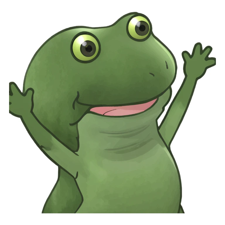 happy green bufo frog jumping with arms up, beach background, sunlight shining, party mood sticker