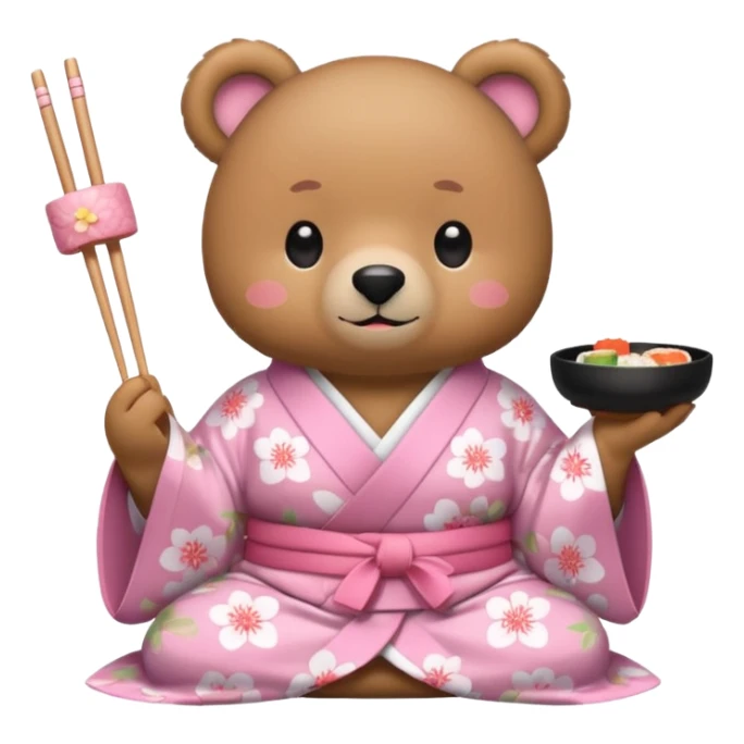 A cute light-brown bear wearing a pastel pink sakura-patterned kimono, normal balanced body ratio. 
Happily eating sushi with chopsticks, excited sparkling eyes. 
Kawaii emoji style, minimalistic clean sticker illustration, white background.
 sticker