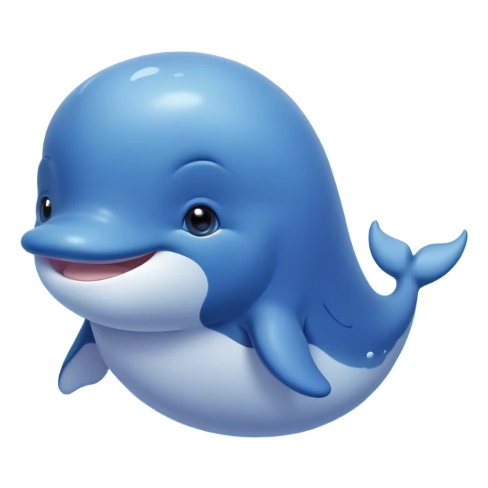 Cinematic happy baby whale, chubby rounded body, tiny smiling face, soft pastel blue hues, gentle glowing waves around, joyful and soothing. sticker