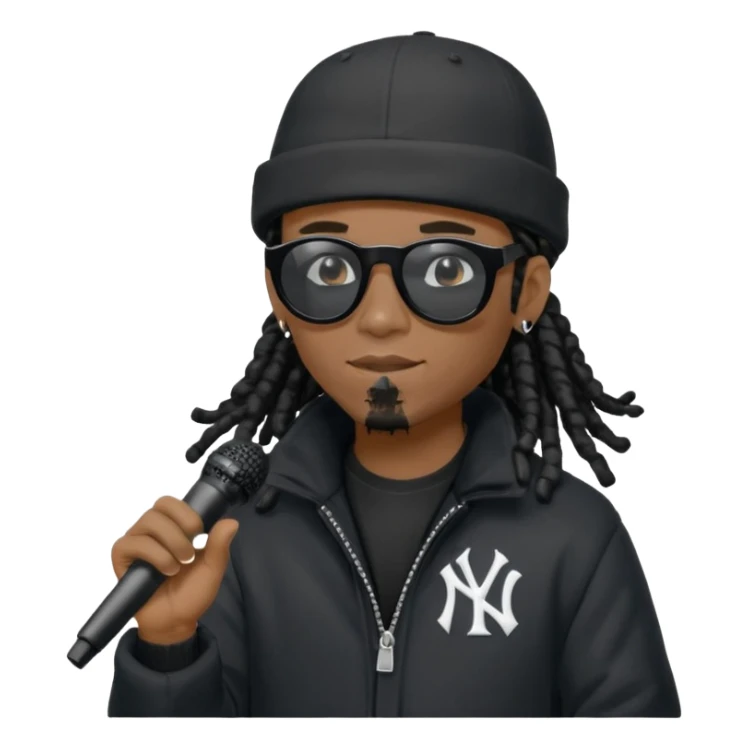 African American man with shoulder length black dreadlocks wearing black sunglasses with black bubble winter coat wearing black New York Yankees baseball hat rapping into a microphone sticker