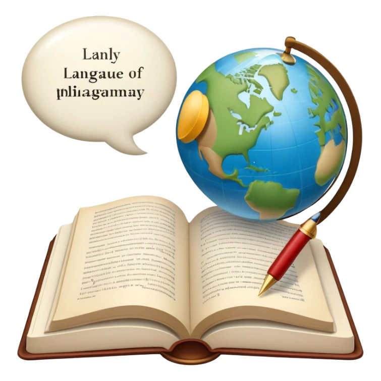 An icon featuring an open book, a speech bubble, and a pen, symbolizing philology and linguistics. The design includes a globe with language characters and grammar symbols, representing the study of languages and literature. Transparent background highlights language analysis. sticker