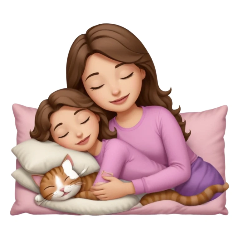 girl with wavy long brown hair, brown eyes, light to medium complexion, long lashes, light pink lipstick, smiling, wearing light pink shirt, sleeping on a cozy pillow, with brown tabby cat, sleeping sticker