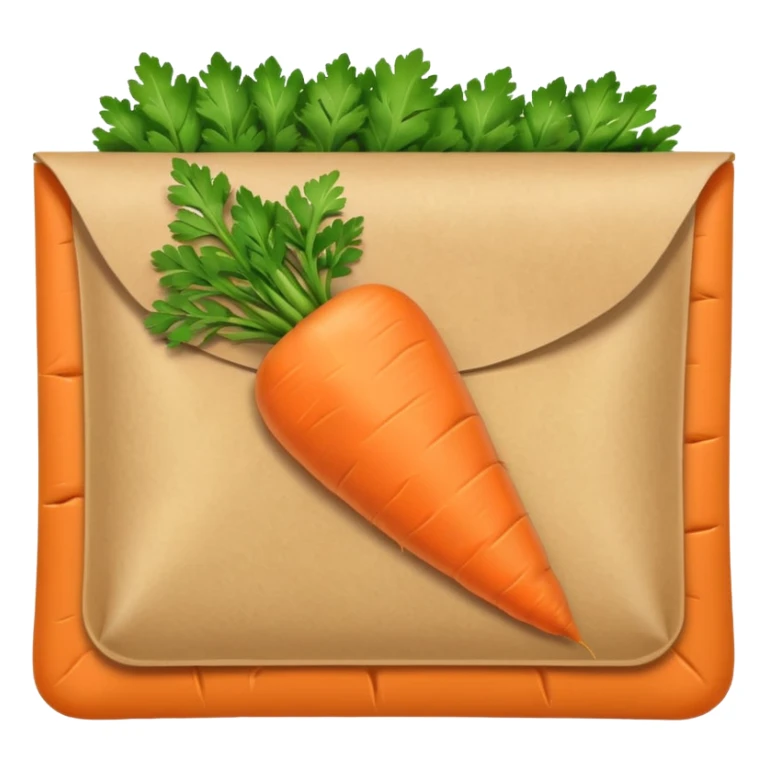 minimal emoji carrot seed packet, rectangular pouch, orange carrot with green leaves, white or light brown paper, clean lines, soft shading, friendly cartoon style sticker