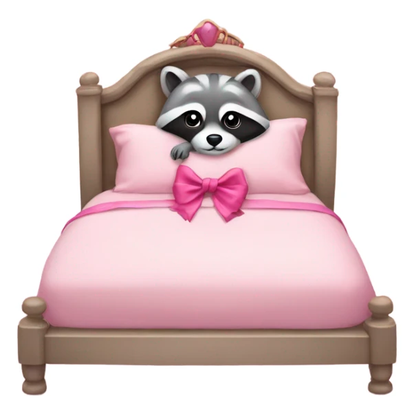 princess style bed with sleeping cute racoon wearing pink bow on head in it sticker