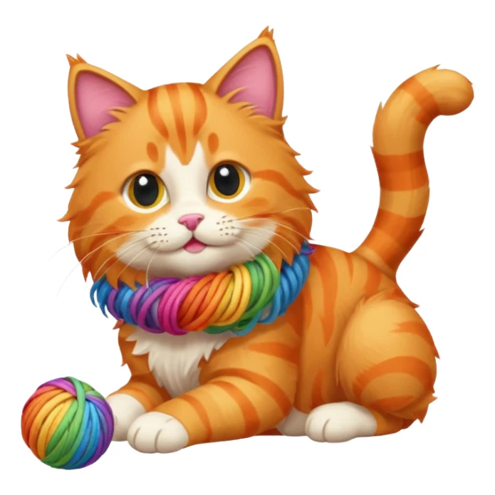 An orange kitty playing with a rainbow ball of yarn sticker