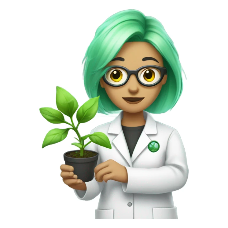 cyborg scientist wearing a lab coat and holding a small plant, woman with green hair, undercut hair cut sticker