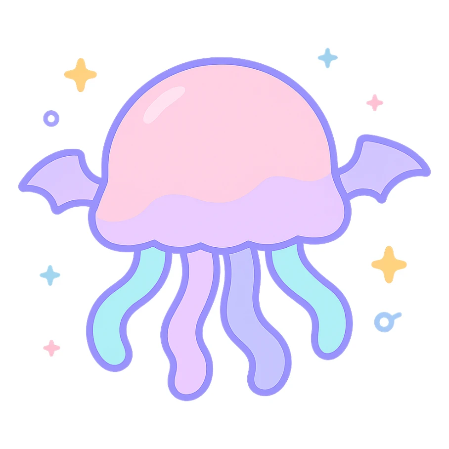 Remove background, keep kawaii style jellyfish with no face, pastel dreamy colors, small bat wings, whimsical atmosphere, transparent background sticker