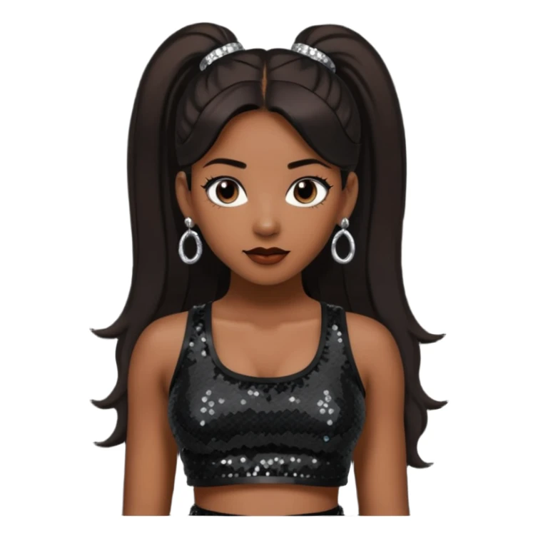 Chilli from TLC with long dark brown ponytail hair, black sequin crop top, black earring, dark skin sticker