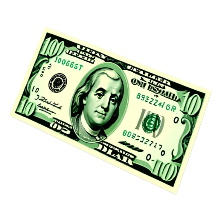 3D realistic US 100 dollar bill sticker, slight perspective, centered, clean cutout, transparent background, no text, no watermark sticker