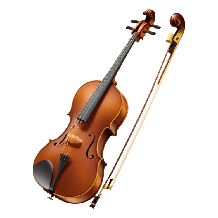 Create an elegant and refined emoji representing the Cremona cello with a Hans Klein HKCB bow. The design should feature the curved wooden body of the cello with a rich, glossy finish, capturing its classical shape and intricate details. The bow should be displayed with fine craftsmanship, highlighting the hair and the smooth, polished wooden stick. Include subtle musical notes floating around the instrument to emphasize its rich, melodic sound. Use deep wood tones like chestnut brown, gold accents for the fittings, and soft lighting effects to give the instrument a timeless, professional feel. The background should be transparent. sticker