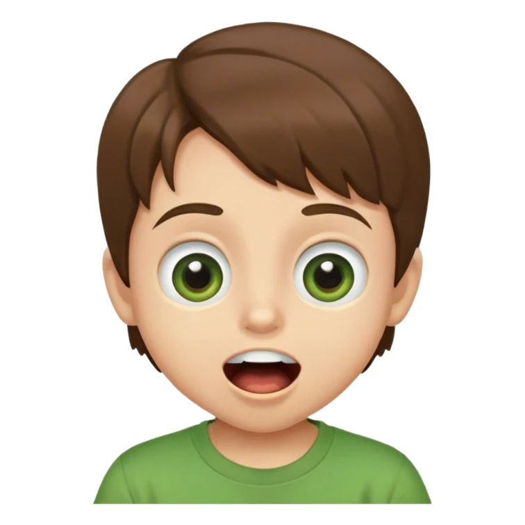 kid with big eyes, brown hair, green t-shirt, mouth open, smiling sticker