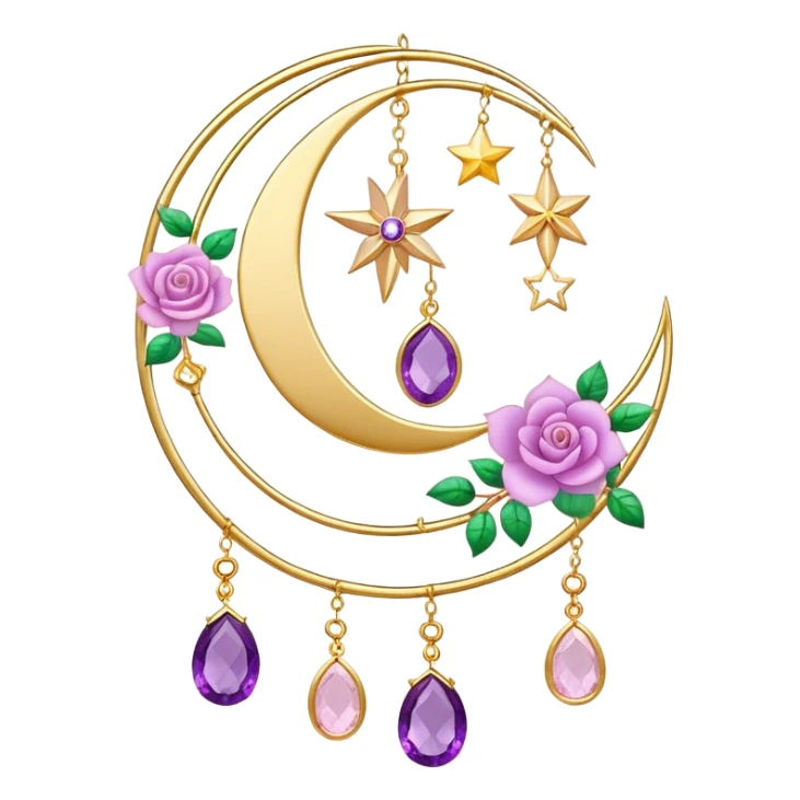 Epic beautiful gorgeous cute gold suncatcher, threads with shiny sparkly amethyst and rose-quartz gemstones, flowers, crescents-moons, stars, leaves sticker