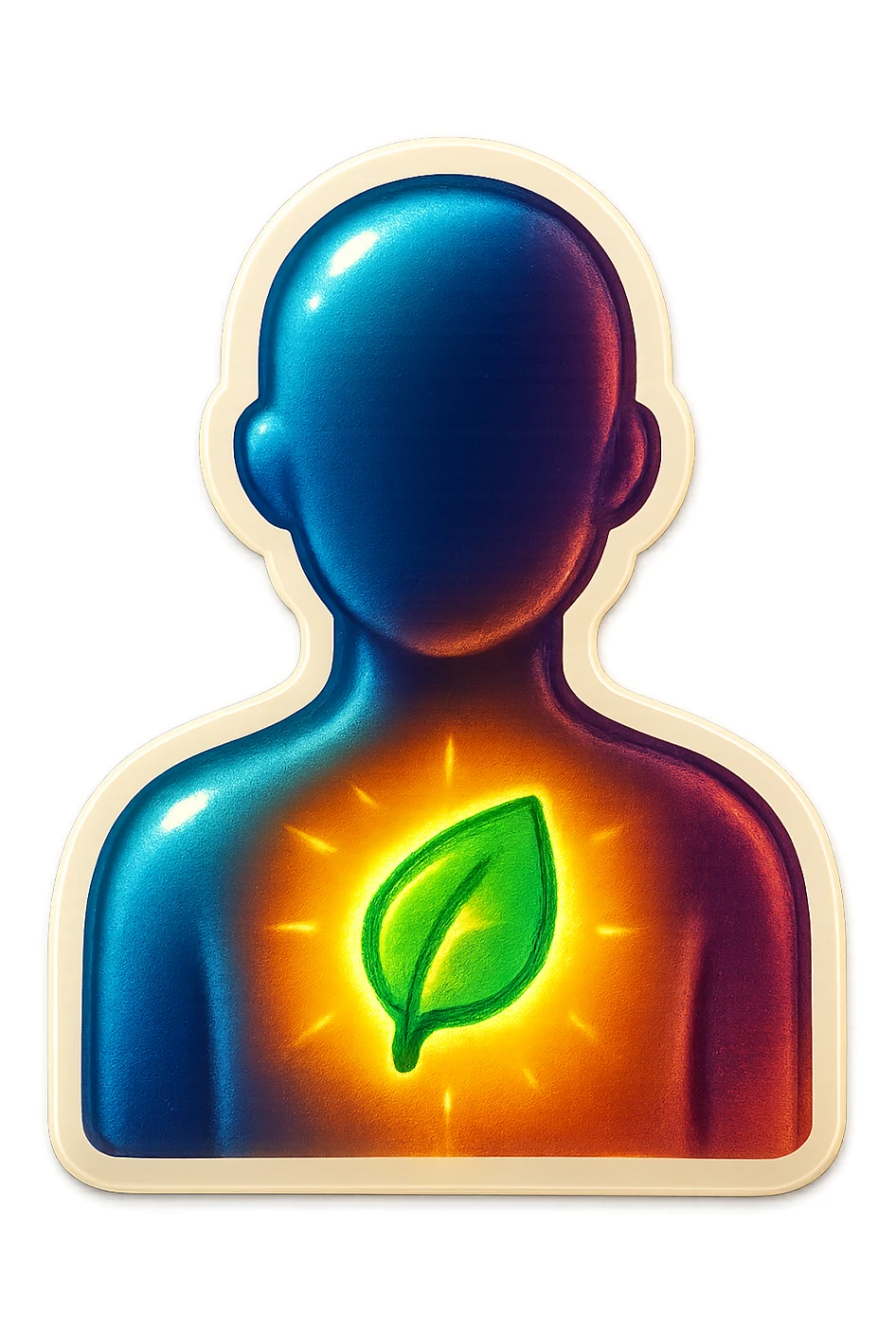human silhouette or body with a glowing or highlighted leaf symbolizing mental health placed on the chest or face, retro stickers style, clear outlines, strong shadows and highlights, fun and not too complex, psychosomatics and psychology theme sticker